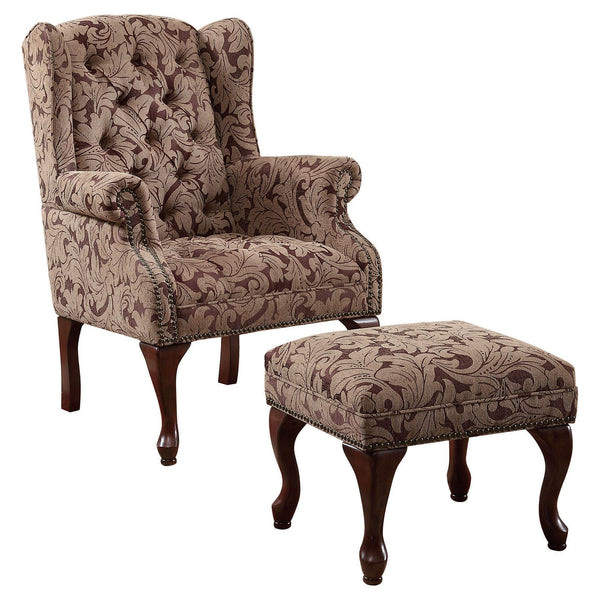 Traditional Wing Back Chair/Ottoman Set, Light Brown/Burgundy