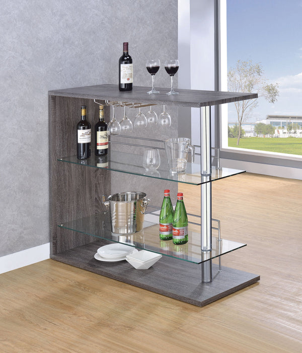 Coaster Modern Pub Home Weathered Gray Bar Table UNIT Glass Shelves Wine Rack